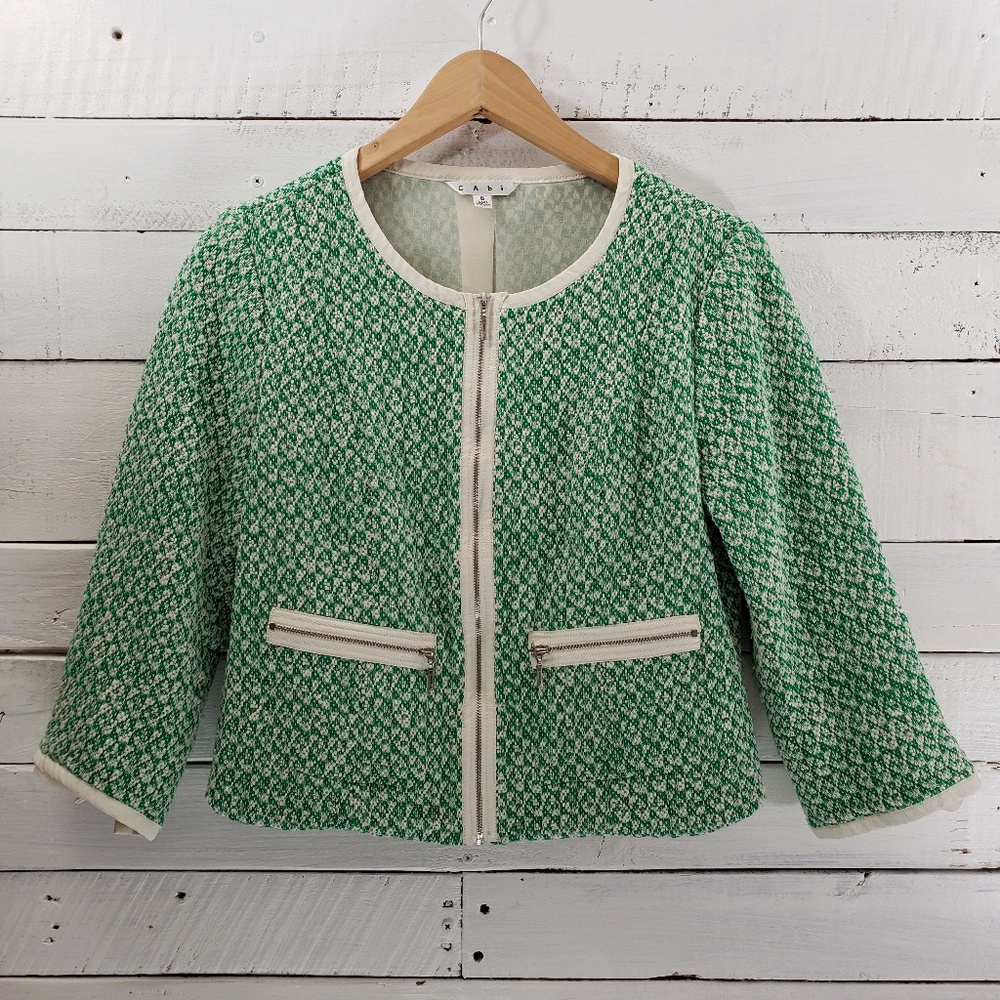 CAbi 726 Clover Green Tweed Zip Front Jacket 8